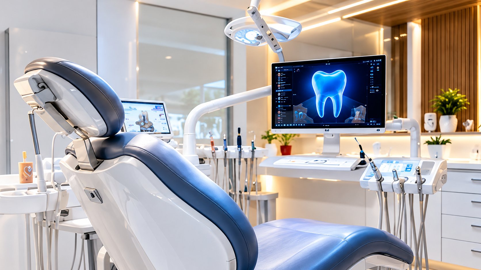 Consultório com cadeira odontológica e tela de diagnóstico digital
